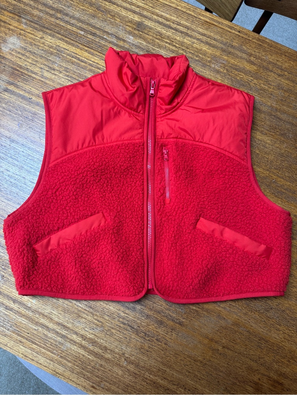 Cropped Red Sherpa Zip Vest Jacket